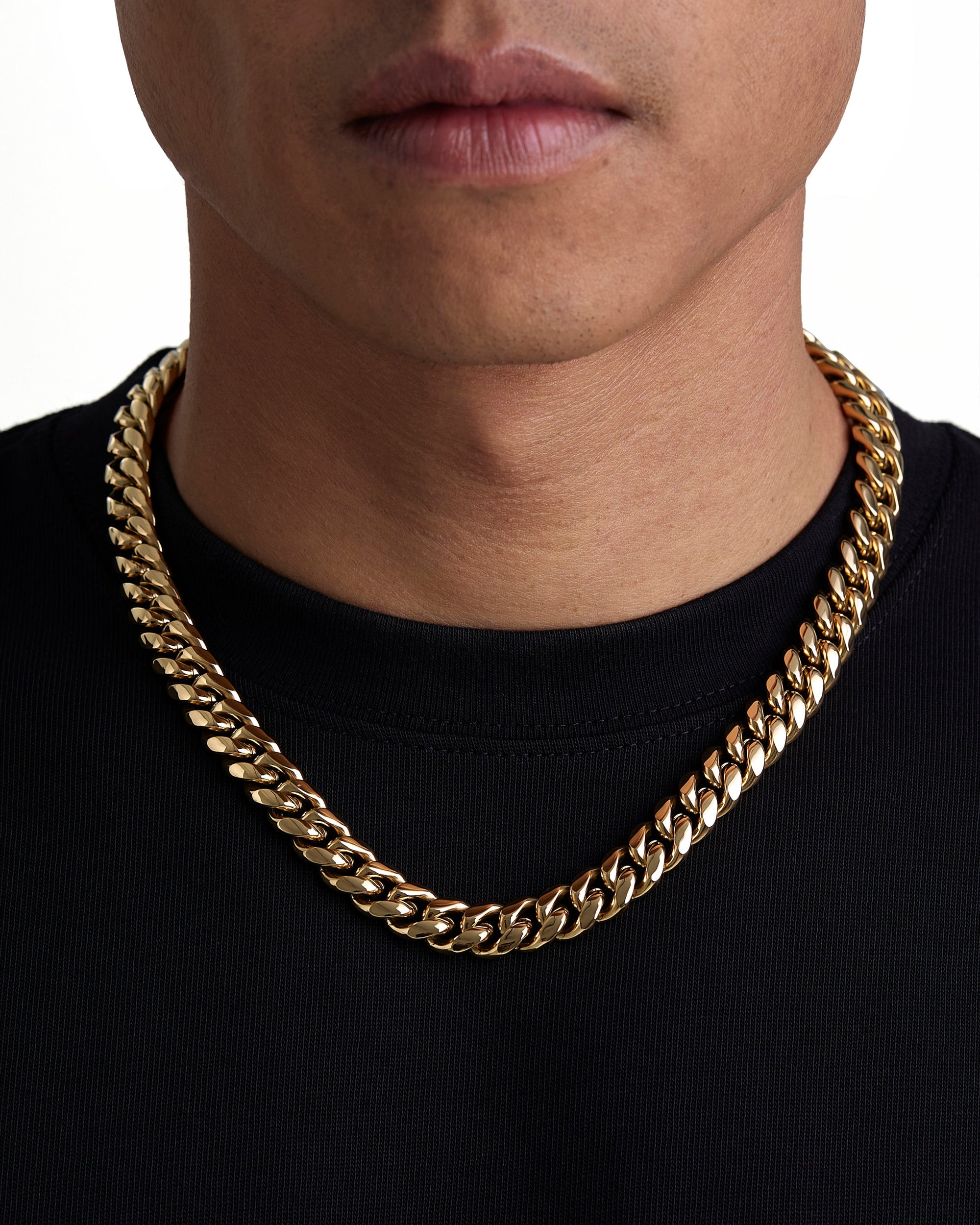 Model wearing 12mm 18K gold plain cuban chain set by Iceman Society, side view