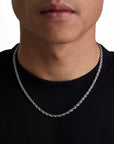 Model wearing 4mm white gold rope necklace by Iceman Society, front view